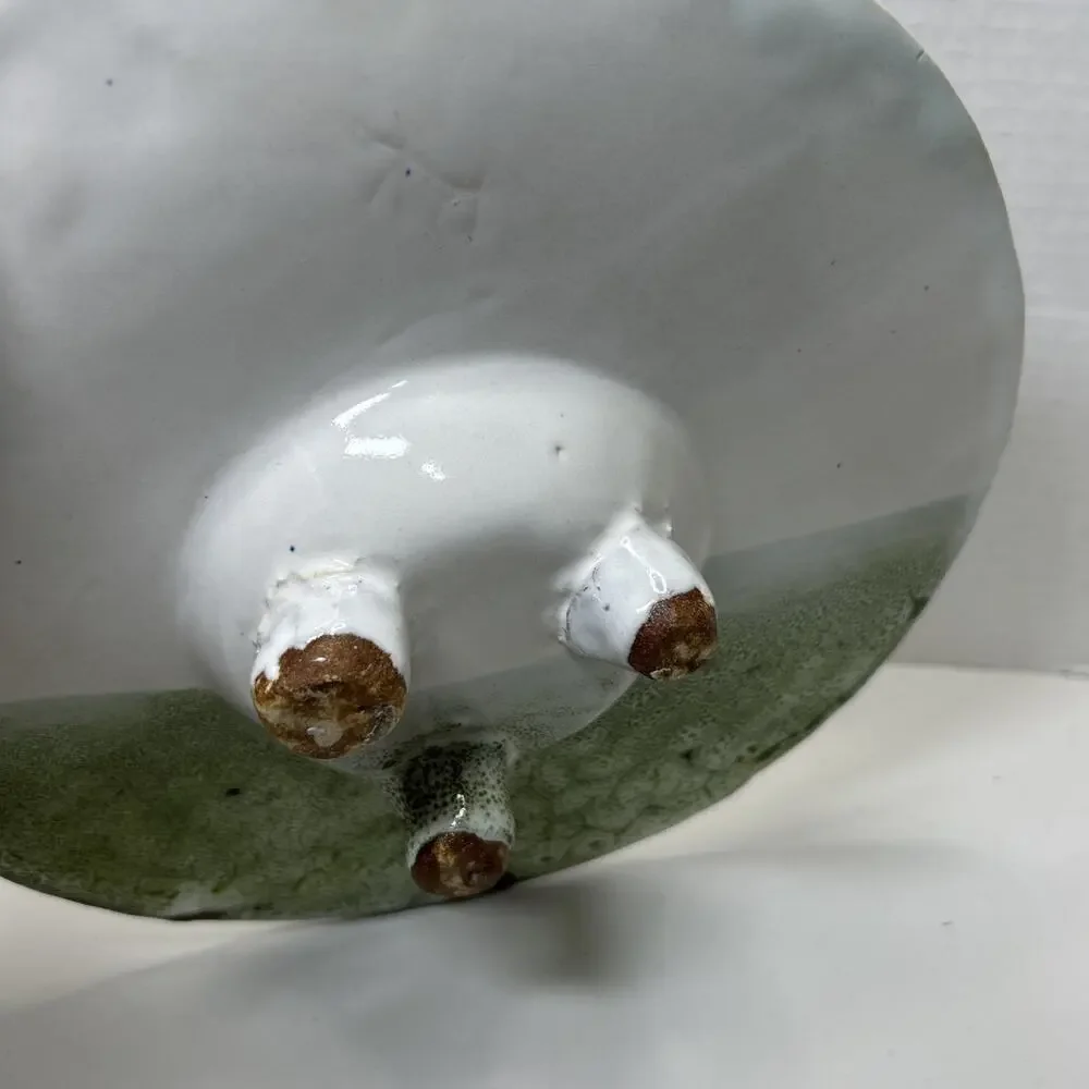 Studio Art Pottery Candle Holder Green White Lava Glaze Centerpiece Footed Sign
